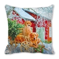 Λεπτομέρεια από κάλυμμα μαξιλαριού με Golden Retriever και χιονισμένο αχυρώνα σε ύφασμα - 45x45 cm / Γκόλντεν Ριτρίβερ και Χριστουγεννιάτικο Καρότσι (14)