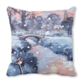 Details des Winterlandschaft-Ölgemäldes auf dem Weihnachts-Kissenbezug aus Pfirsichhaut - Winterdorf Schnee Ölgemälde (6)