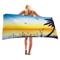 Dickes Mikrofaser Strandtuch mit Sonnenuntergang Palmendruck von Model gehalten - Meeresufer Sonnenuntergang Verlauf Stil (12) / 150x75cm