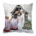 Housse de coussin carrée en peau de pêche avec motif de chorale de Noël peint à l'huile - Petits chanteurs à la croix de bois dans la neige (37)
