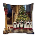 Détail de l'imprimé chorale de Noël et sapin sur la taie d'oreiller en peau de pêche - Chorale en robes blanches avec candélabre (34)