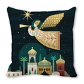 Détail de la taie d'oreiller de Noël bleu sarcelle avec impression ange sur tissu lin - Ange sarcelle foncé avec trompette (21)