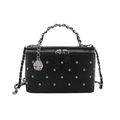 Quilted black PU leather box handbag with chain handle and silver rose pendant - Black