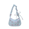 Hellblaue Blumentasche mit rosa Rosen, Schleifenmuster und gerafftem Cloud-Riemen - Blau