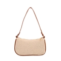 Große geflochtene Stroh-Schultertasche mit braunem Lederbesatz und goldenem Reißverschluss - Beige (Einfacher Stil)