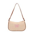Stroh-Halbmondtasche mit rosa Schmetterlingsstickerei und braunem PU-Leder - Beige (Schmetterlingsstickerei)