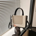 Petit sac carré rétro en cuir beige et toile avec poignée supérieure chic - Blanc