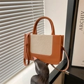 Petit sac fourre-tout bicolore en cuir marron et toile blanche avec bandoulière - Marron