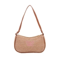Stroh-Schultertasche mit rosa Schmetterlingsstickerei und braunem Lederbesatz - Khaki (Schmetterlingsstickerei)