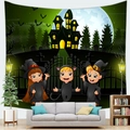 Halloween tapestry with cartoon kids and castle scenery hanging above a sofa - Cartoon Children Witch Style (9)