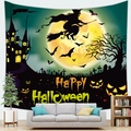 Detail of Halloween tapestry with witch, haunted castle, and pumpkins on a sofa wall - Full Moon Witch Castle Style (3)