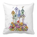 Pfirsichhaut-Kissenhülle mit Aquarell-Vogelnestern und bunten Frühlingsblumen - Blumen Vogelnest Stil (1)