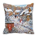 Winter village scene Christmas cushion cover with snow cabin and snowman print - Winter Country Family Style (7)