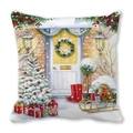 Détail de housse de coussin de Noël avec motif aquarelle de maison sur tissu peau de pêche - Porte de Noël sous la Neige (6)