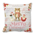 Detail of Christmas pillowcase featuring Santa, snowman and bear on white wood background - Teddy Bear Snowman Style (22) / 18x18 Inch