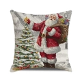 Detail of Christmas Santa pillowcase showing premium linen texture and festive snow scene - Santa Carrying Gift Bag and Christmas Tree Style (1)