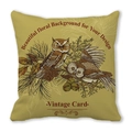 Vintage owl and pine needles print on beige peach skin fabric square cushion cover - Vintage Card Owls Style (8)