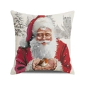 Detailed close-up of a rustic linen pillowcase featuring a festive Santa Claus illustration - Santa Petting a Robin Style (4)