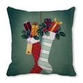 Housse de coussin de Noël verte avec motifs de chaussettes et de boîtes cadeaux - Style Chaussettes de Noël Rayées à Pois