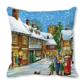 Winter street scene Christmas pillowcase featuring a cozy snow village art print - European Town Holiday Delivery Style (9)