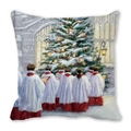 Housse de coussin de Noël avec chorale chantant devant le sapin en tissu peau de pêche - Chorale en robes rouges et blanches (30)