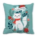 Detail of Happy Holidays festive pillowcase with cartoon cat and floral patterns - Cat with Hat (13)