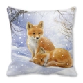 Detailed close-up of a square cushion cover featuring watercolor fox couple in the snow - Snuggling Red Foxes