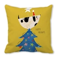 Detailed view of yellow Christmas pillow case with cute puppy on a blue tree print - Dalmatian and Christmas Tree (16)