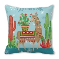 Detail of festive llama Christmas cushion cover with Fleece Navidad text on peach skin fabric - Llama and Cactus (25)