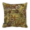 Vintage owl and pine branch print throw pillowcase in gold tones on white background - Woodcut Style Owls Style (9)