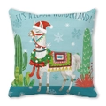 Close-up of printed peach skin cushion cover with Christmas llama and cactus design - Llama in Desert (26)
