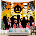 Detail of Halloween tapestry showing pumpkin party silhouettes on peach skin fabric - 100X70 / Peach Skin / Halloween Theme Style 7