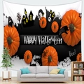 Detailed Halloween wall tapestry with pumpkin, black cat and castle silhouette graphics - 150x100 / Peach Skin / Ghost Castle Pumpkin Style (6)