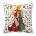 Housse de coussin ange de Noël avec motifs floraux rouges et verts sur tissu peau de pêche - Ange priant avec fleurs rouges et vertes (4)