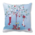 Housse de coussin de Noël carrée avec sapin illustré et chaussettes rouges - Style Arbre Boîte Cadeau Chaussette de Noël Bleu Clair