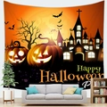 Halloween wall tapestry featuring glowing pumpkins, castle, and bats in a home setting - Glowing Pumpkin Dead Tree Style (5)