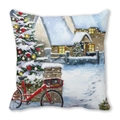 Kissenbezug mit weihnachtlicher Ölmalerei einer Schneeszene und einem roten Fahrrad - Rotes Fahrrad und Schneehütte (8)