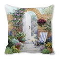 Garden landscape printed square pillowcase with white wooden door and flowers - European Red Brick Arch (16)