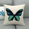 Square cushion cover with a large green and black butterfly on natural linen fabric - Turquoise Butterfly (1) / 45x45cm