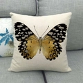 Detailed macro view of butterfly printed on beige cotton linen square pillow cover - Black Yellow Grey Butterfly (6) / 45x45cm
