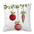 Christmas wreath cushion cover with red ornaments and holly leaves on white fabric - Red Green Bauble (38)
