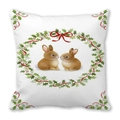 Housse de coussin avec lapin de Noël, couronne de houx et noeud rouge sur tissu doux - Couronne Deux Lapins (5)