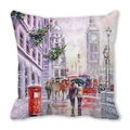 Winter London street scene cushion cover with Big Ben and red bus oil painting - London Red Bus Snow Scene Style (17)
