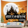 Halloween peach skin tapestry featuring a spooky castle and orange jack-o-lanterns - 150x100 / Peach Skin / Black Silhouette Castle Style (4)