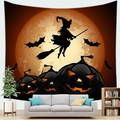Halloween wall tapestry featuring witch silhouette, moon, bats and glowing pumpkins - Orange Black Contrast Silhouette Style (12)
