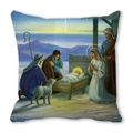 Housse de coussin Noël avec peinture à l'huile de la Nativité en tissu peau de pêche - Bergers autour de l'enfant Jésus (10)
