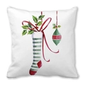Christmas pillowcase with watercolor stocking and green ornament on white peach skin fabric - Green Striped Sock (39)