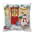 Housse de coussin Noël avec bonhomme de neige et porte rouge en tissu peau de pêche blanc - Bonhomme de Neige et Chat (7)