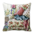 Square pillowcase featuring a cute tabby kitten sleeping on a floral sofa design - Sleeping Tabby Cat (20)