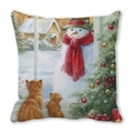 Kissenbezug mit Katzen- und Schneemannmotiv auf hochwertigem Pfirsichhaut-Gewebe - Fensterkatze und Außenschneemann (10)